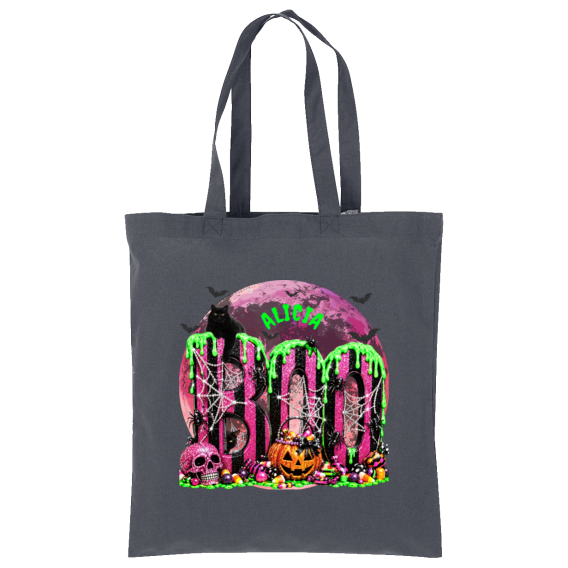 A dark gray canvas tote bag with a vibrant Halloween graphic on the front. The graphic features a pink full moon, the word 'BOOM' in dripping neon green letters, a black cat, bats, skulls, and pumpkins.