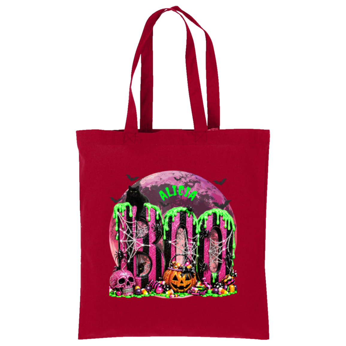 A red canvas tote bag with long handles, featuring a colorful Halloween graphic on the front with the word 'BOO' in dripping neon green letters, a full moon, skulls, a jack-o'-lantern, and the name 'ALICE' in green text.