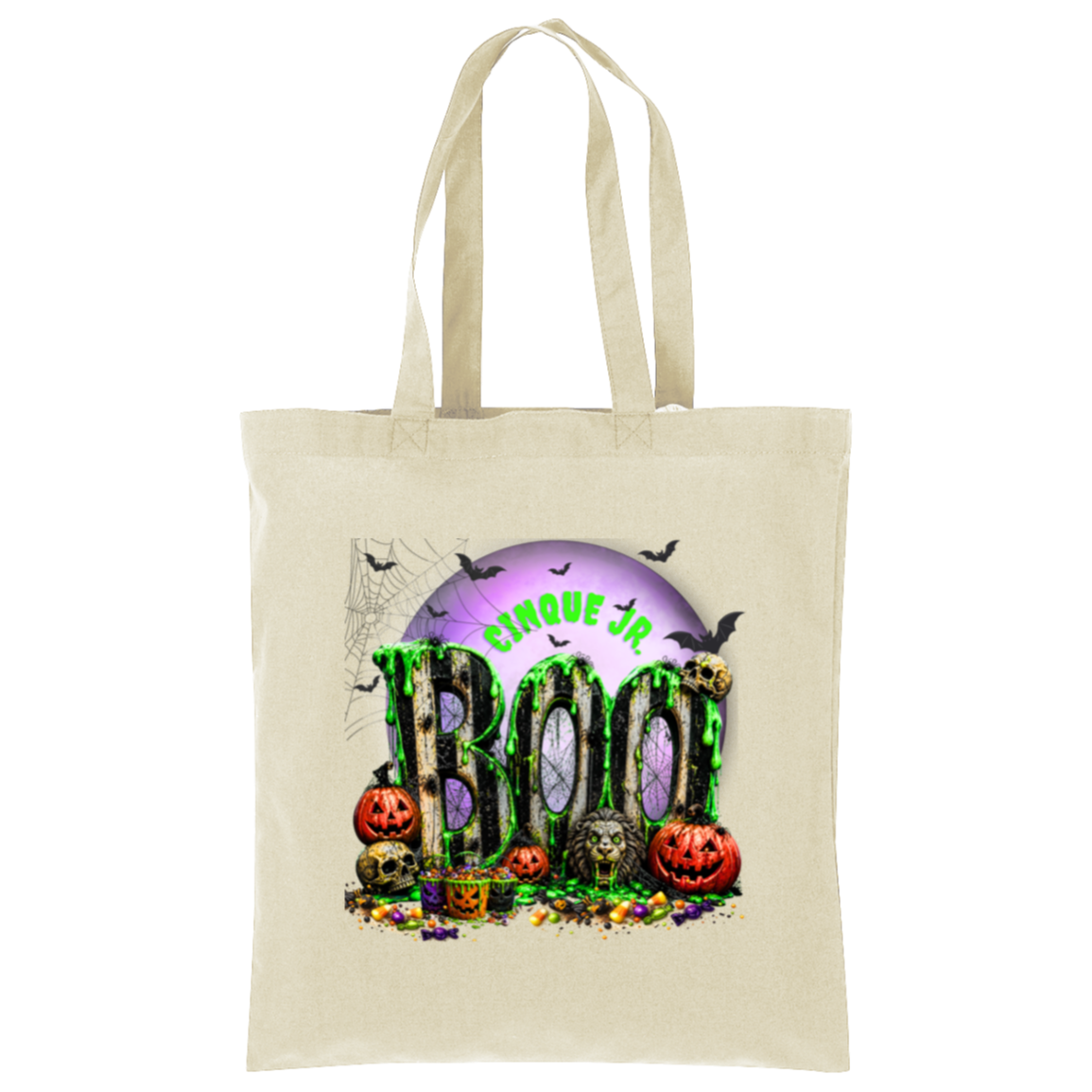 A natural canvas tote bag with a colorful Halloween-themed graphic on the front. The graphic features the word 'BOO' in dripping green letters, surrounded by jack-o'-lanterns, skulls, bats, and a purple full moon with the text 'CINQUE JR'.