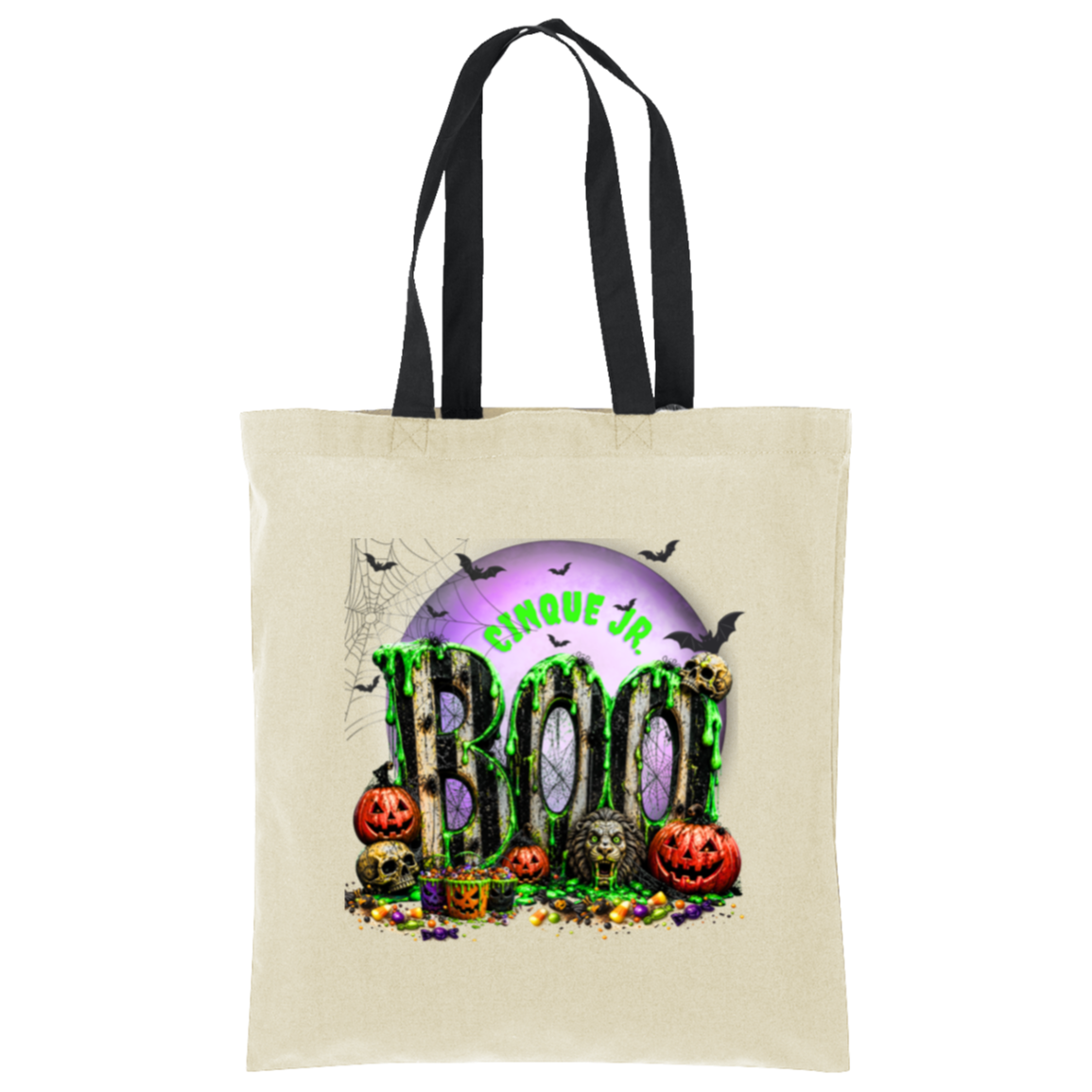 A beige canvas tote bag with black shoulder straps, featuring a colorful Halloween graphic on the front that reads 'Cinque J'r BOO' with pumpkins, skulls, bats, and a purple moon.