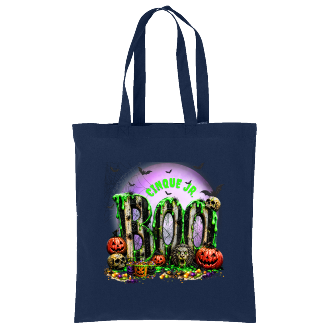 A navy blue canvas tote bag with two shoulder straps, featuring a colorful Halloween graphic on the front. The graphic displays the word 'BOO' in dripping green slime letters, surrounded by jack-o'-lanterns, skulls, candy, and a purple full moon with the text 'CINQUE JR'.