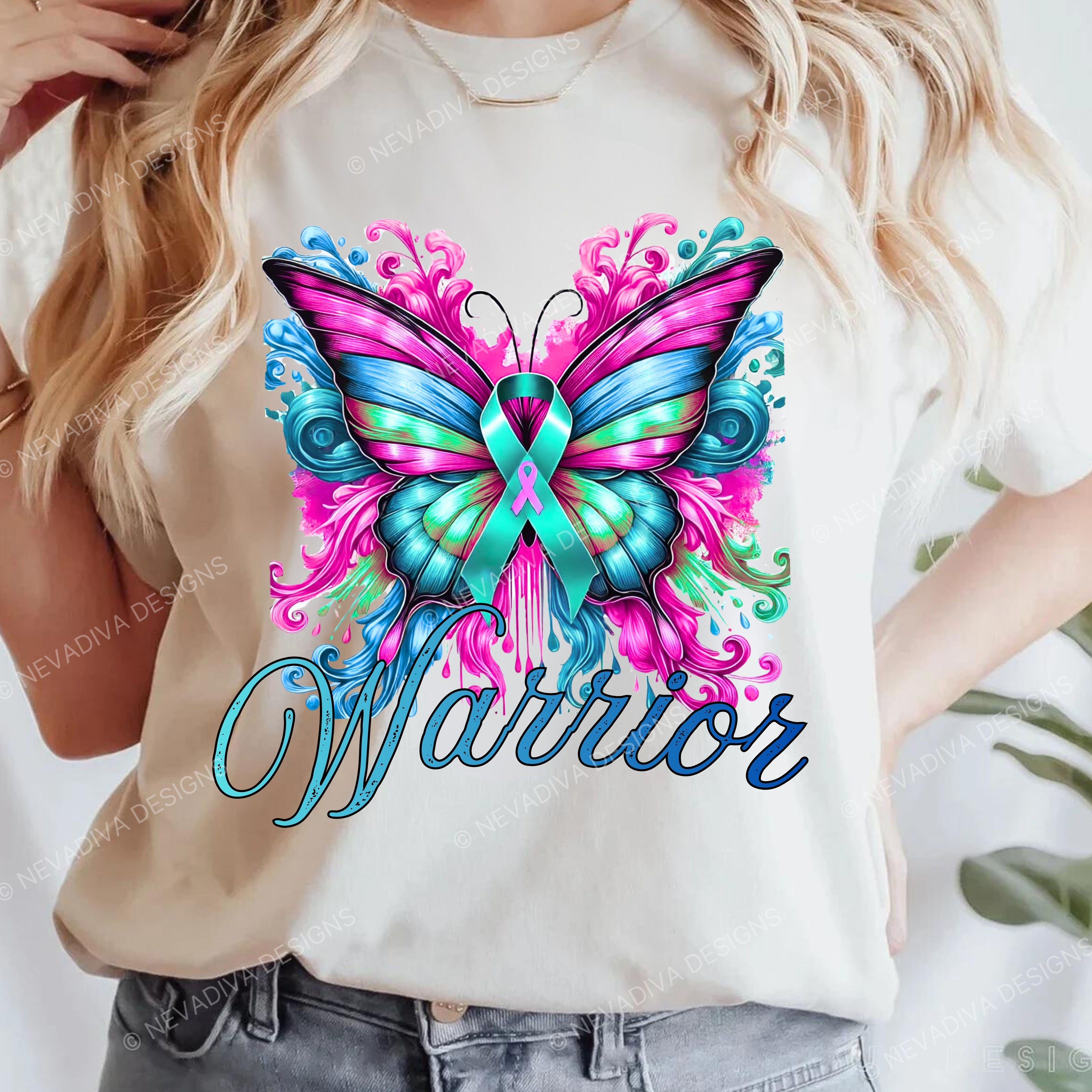 T-shirt with a colorful butterfly design and 'Warrior' text on a white background