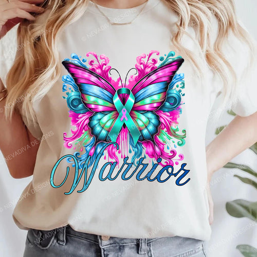 T-shirt with a colorful butterfly design and 'Warrior' text on a white background