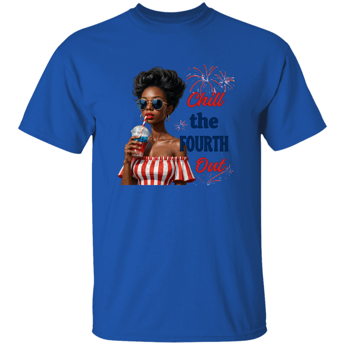 a Royal t-shirt with a graphic and text Chill the Fourth Out with a white background