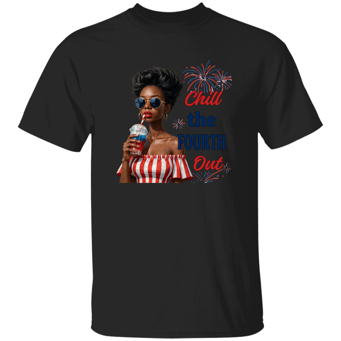 a Black t-shirt with a graphic and text Chill the Fourth Out with a white background