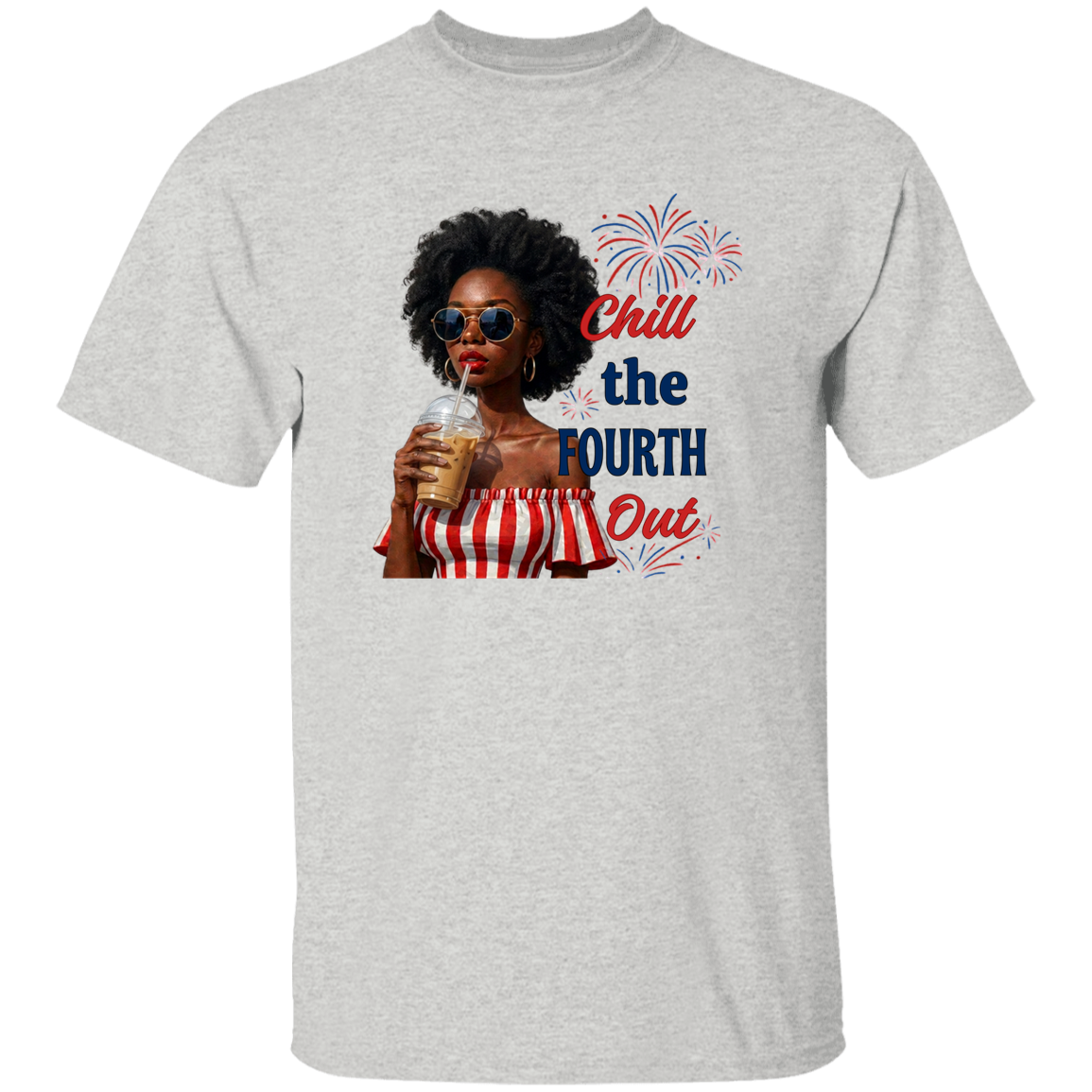 a Ash t-shirt with a graphic of a woman celebrating the Fourth of July.