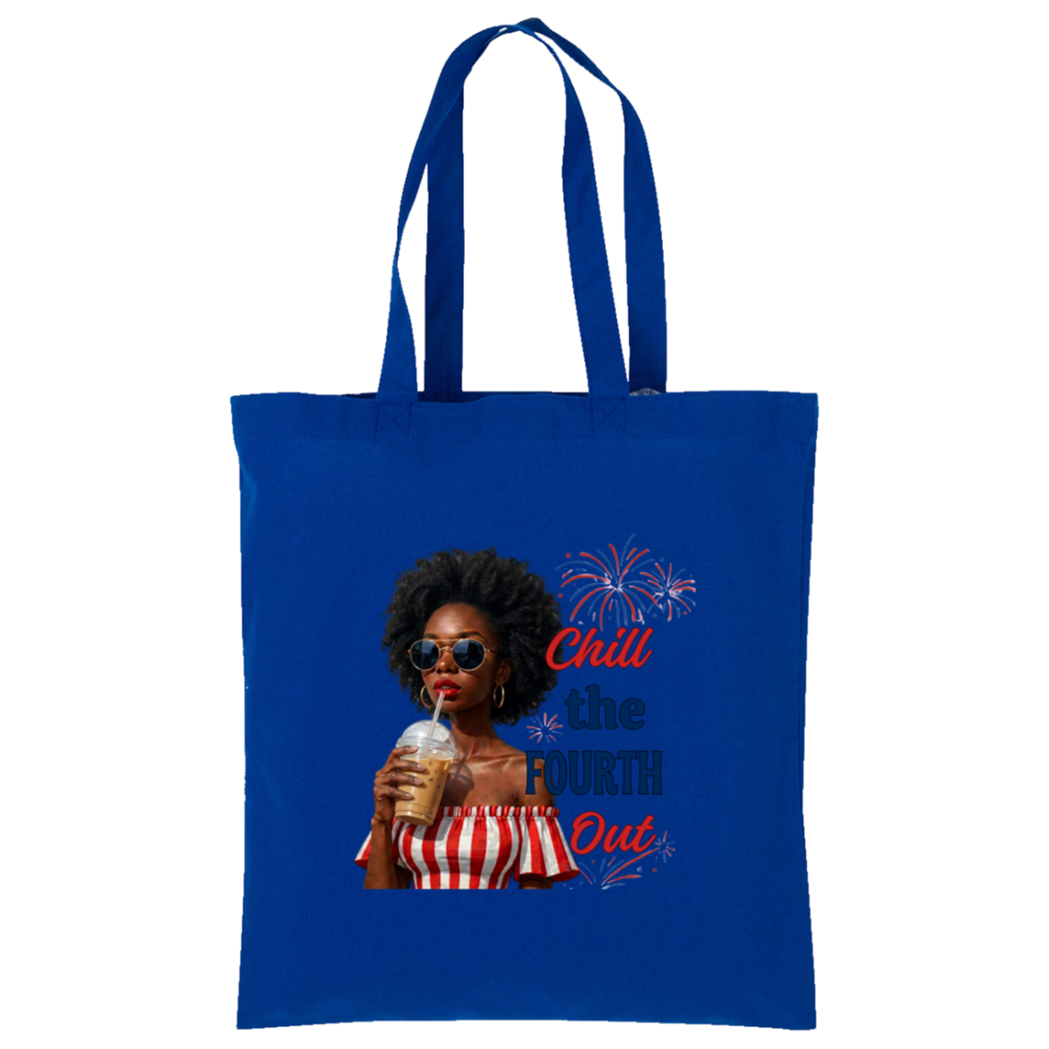 Blue tote bag with a graphic design of a woman holding a drink and text, standing in a room with plants and decor.