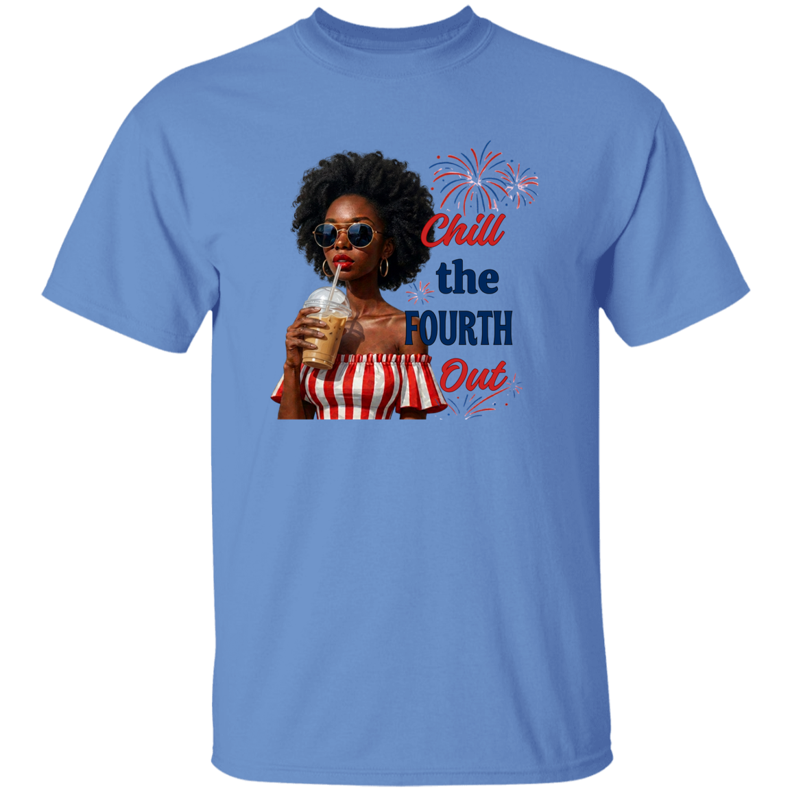 a Carolina blue t-shirt with a graphic of a woman celebrating the Fourth of July.
