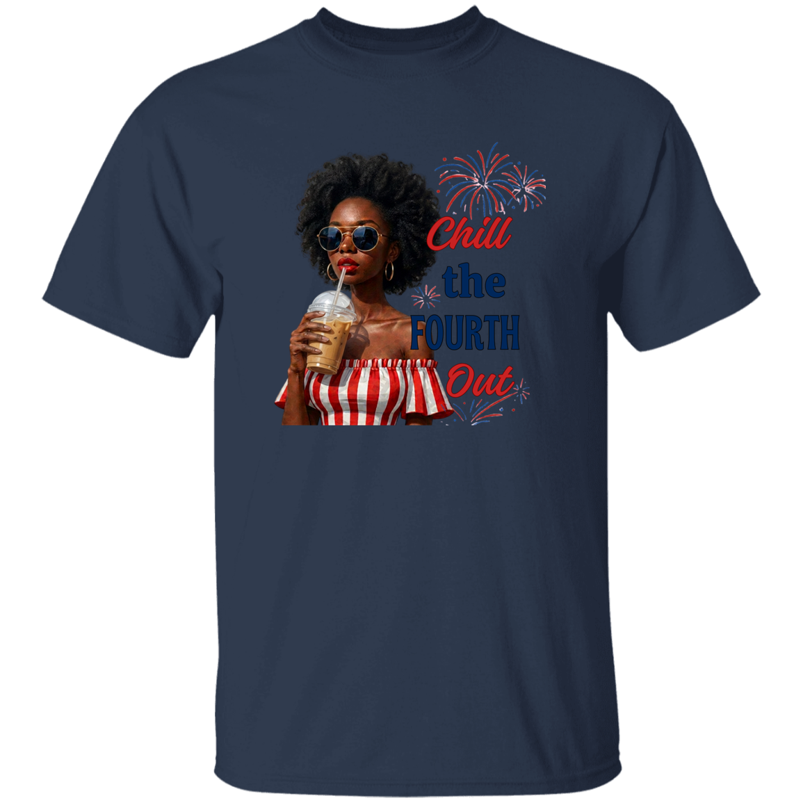 a Navy t-shirt with a graphic of a woman celebrating the Fourth of July.