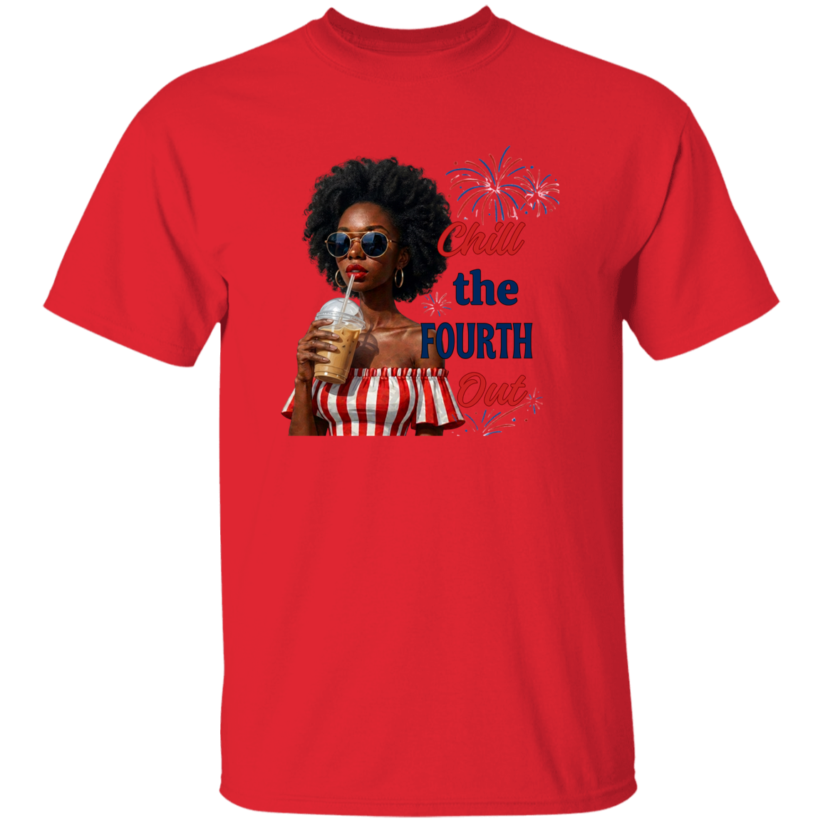a Red t-shirt with a graphic of a woman celebrating the Fourth of July.