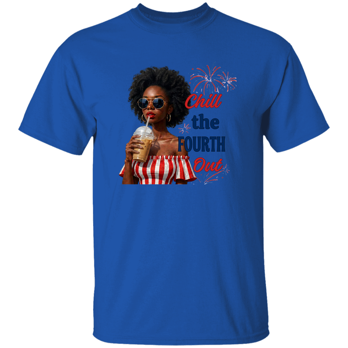 a Royal t-shirt with a graphic of a woman celebrating the Fourth of July.