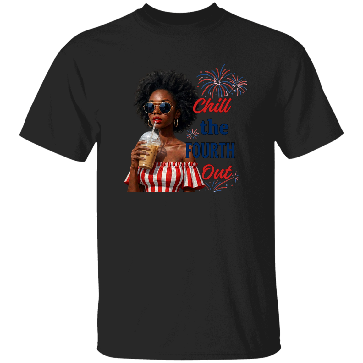 a black t-shirt with a graphic of a woman celebrating the Fourth of July.