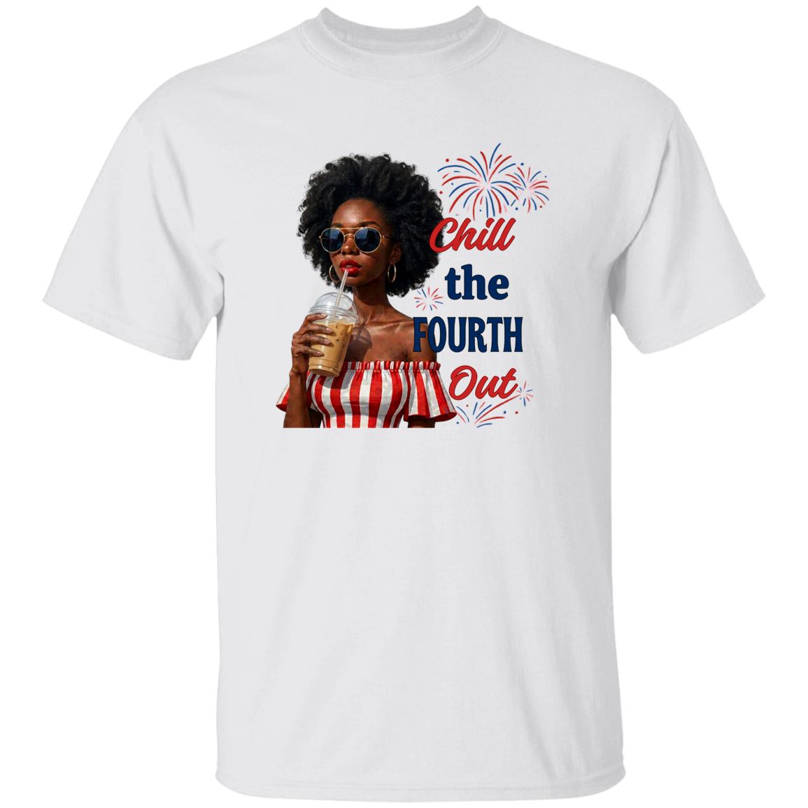 a white t-shirt with a graphic of a woman celebrating the Fourth of July.