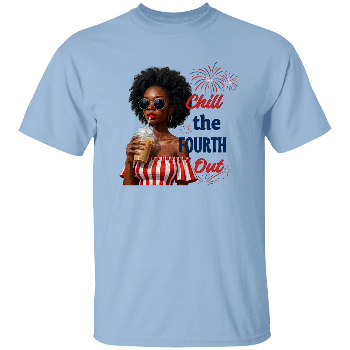 a light blue t-shirt with a graphic of a woman celebrating the Fourth of July.