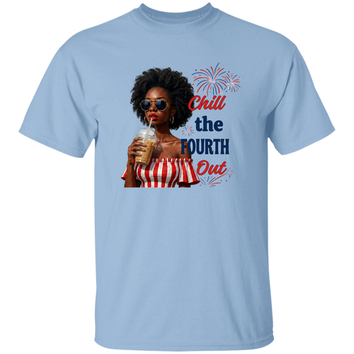 a light blue t-shirt with a graphic of a woman celebrating the Fourth of July.