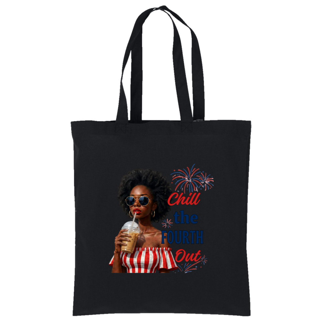 black tote bag with a graphic design of a woman holding a drink and text, standing in a room with plants and decor.
