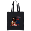 black tote bag with a graphic design of a woman holding a drink and text, standing in a room with plants and decor.