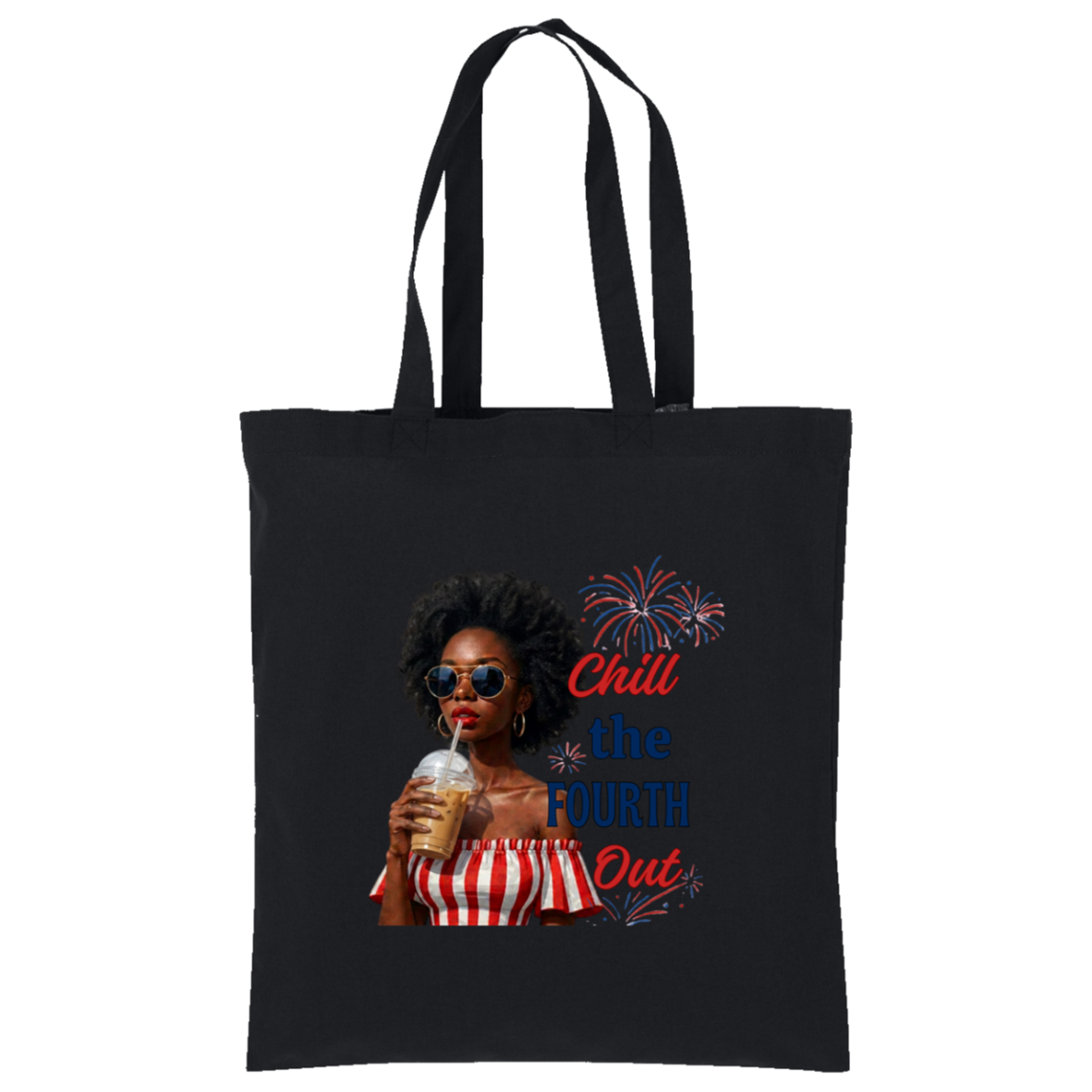 black tote bag with a graphic design of a woman holding a drink and text, standing in a room with plants and decor.