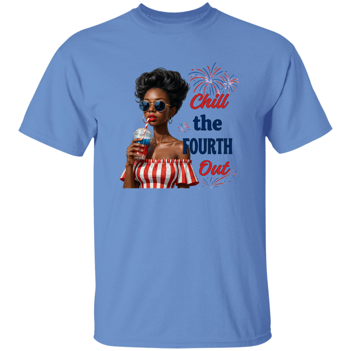 a Carolina Blue t-shirt with a graphic and text Chill the Fourth Out with a gray background