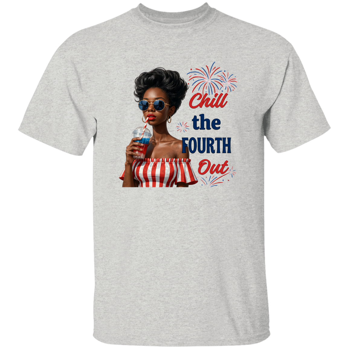 a Grey t-shirt with a graphic and text Chill the Fourth Out with a white background