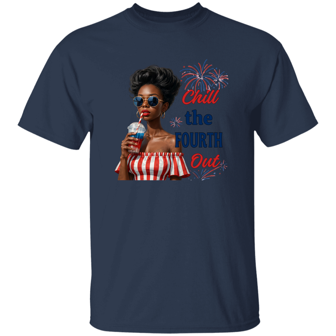 a Navy t-shirt with a graphic and text Chill the Fourth Out with a white background