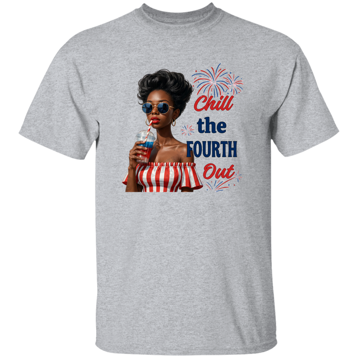 a Sport Grey t-shirt with a graphic and text Chill the Fourth Out with a white background