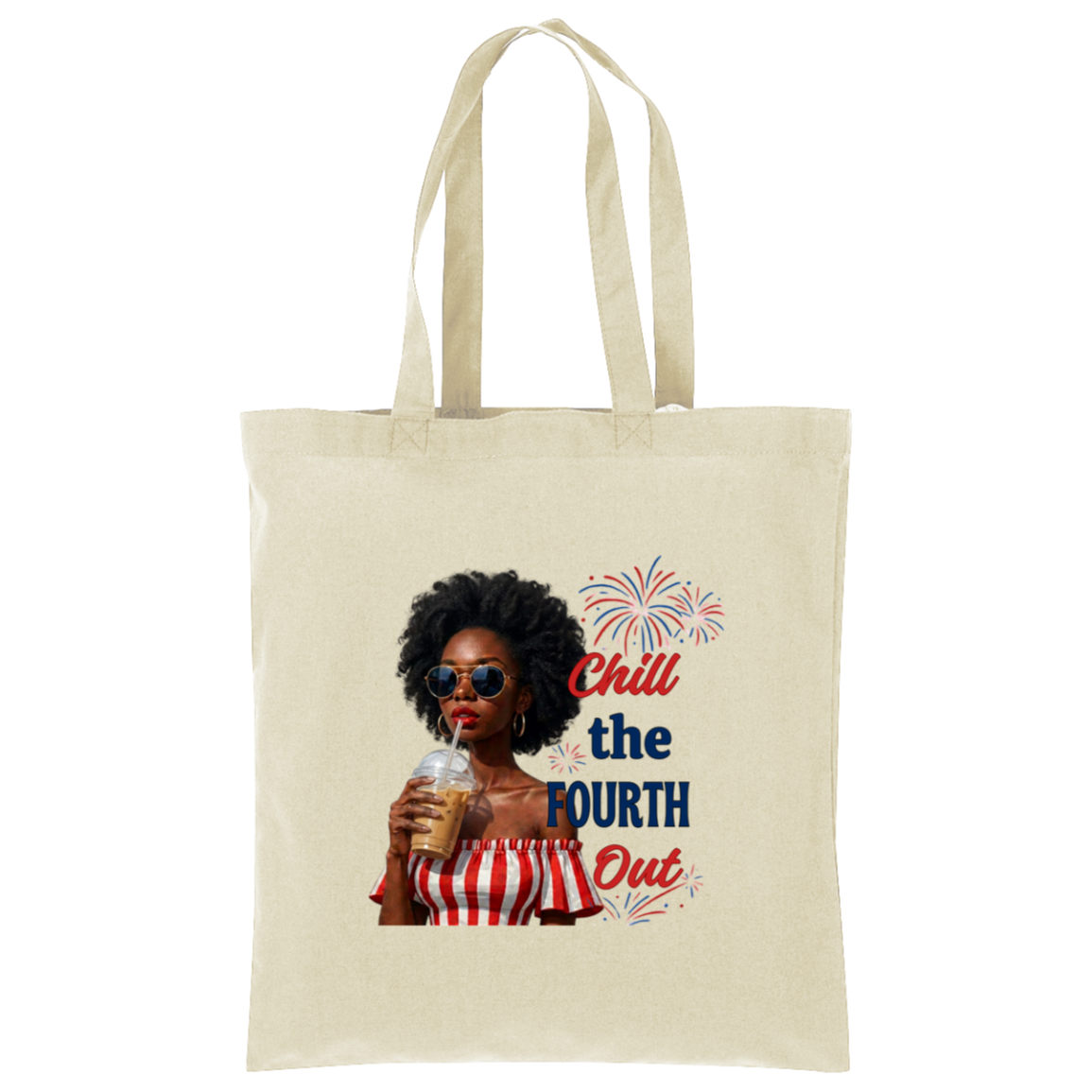Cream tote bag with a graphic design of a woman holding a drink and text, standing in a room with plants and decor.