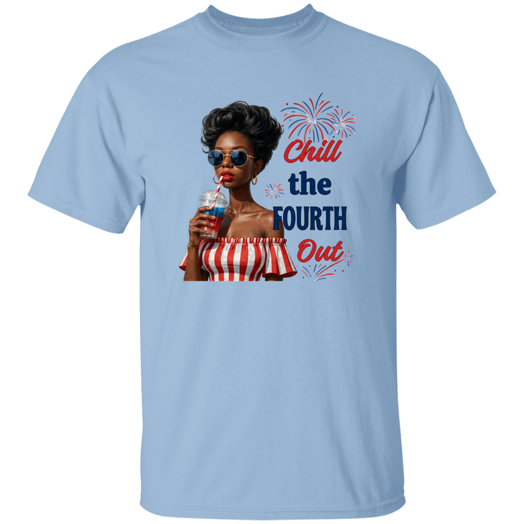 a light blue t-shirt with a graphic and text Chill the Fourth Out with a white background