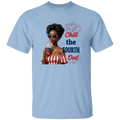 a light blue t-shirt with a graphic and text Chill the Fourth Out with a white background