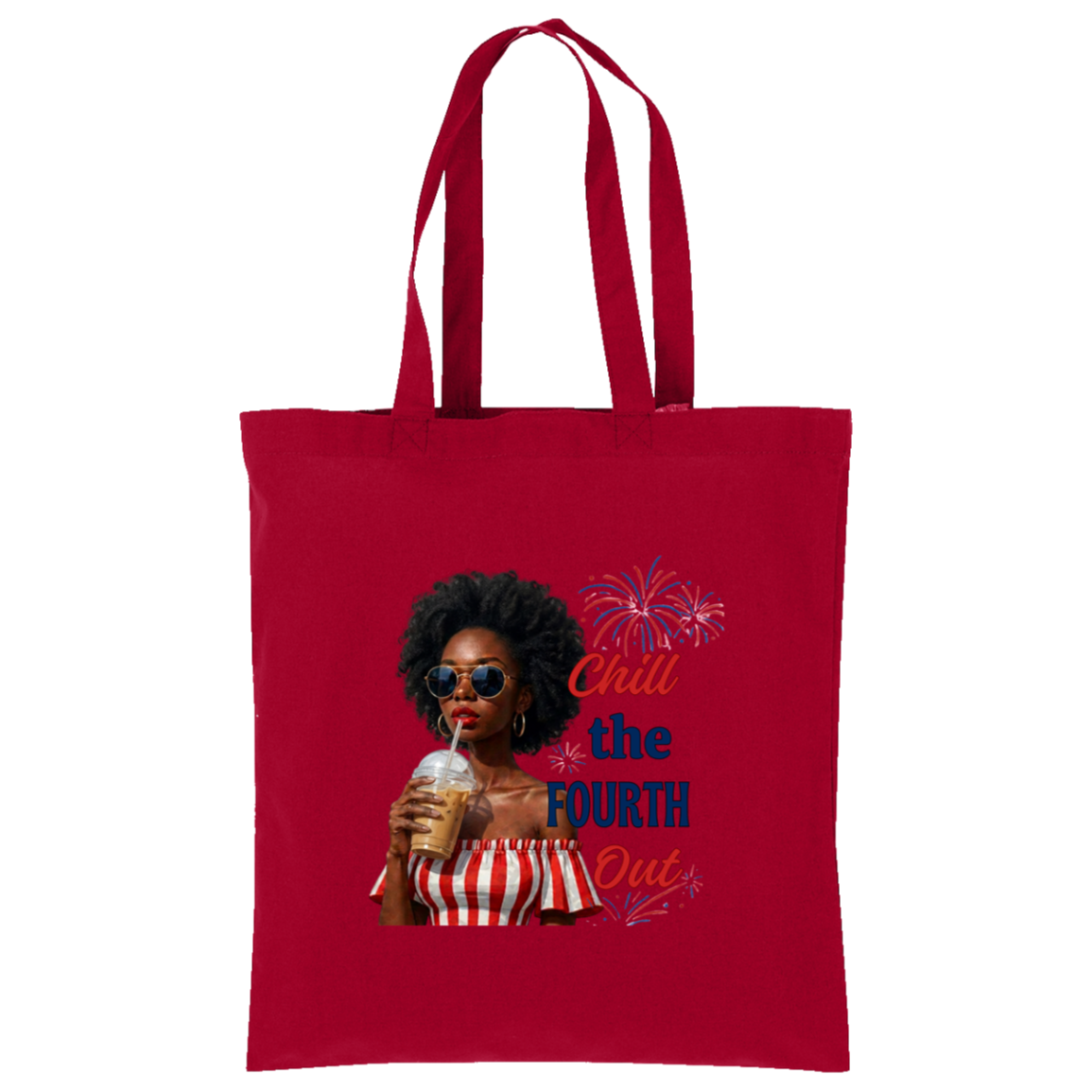 Red tote bag with a graphic design of a woman holding a drink and text, standing in a room with plants and decor.