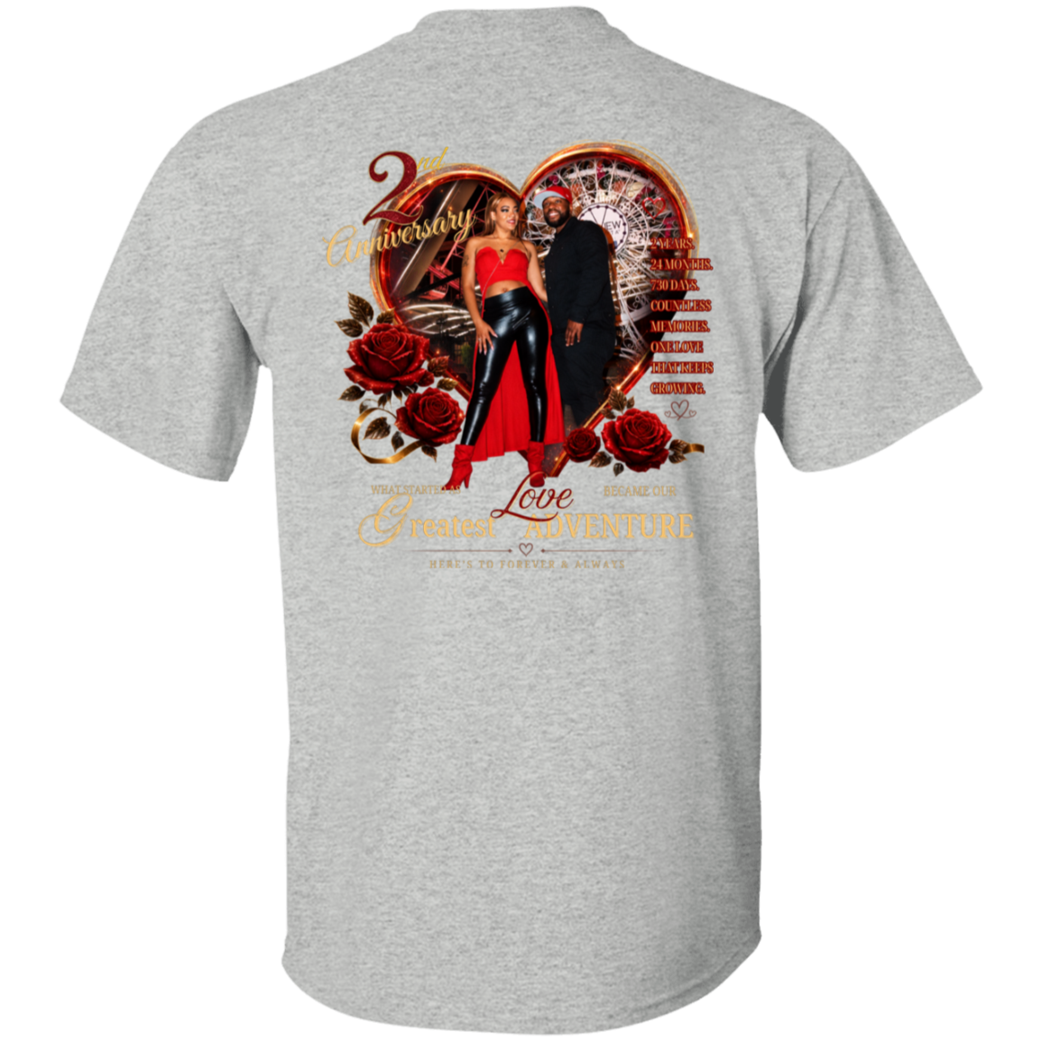 A heather gray short-sleeve t-shirt shown from the back, featuring a large graphic print with a heart, roulette wheel, red roses, a woman in a red dress and black pants, and gold text reading '2 Anniversary' and 'Together We Build a Greater Adventure.'.