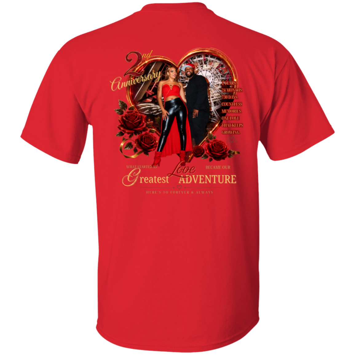 A red short-sleeve t-shirt shown from the back, featuring a large graphic print with a heart, roses, a couple, and gold text reading '2nd Anniversary' and 'Greatest Love Adventure'.
