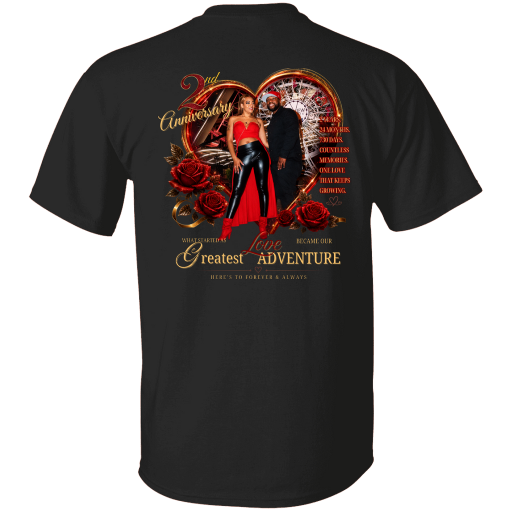 A black short-sleeve t-shirt shown from the back, featuring a large, detailed graphic print with a couple, a roulette wheel, red roses, and gold text celebrating a 20th Anniversary.
