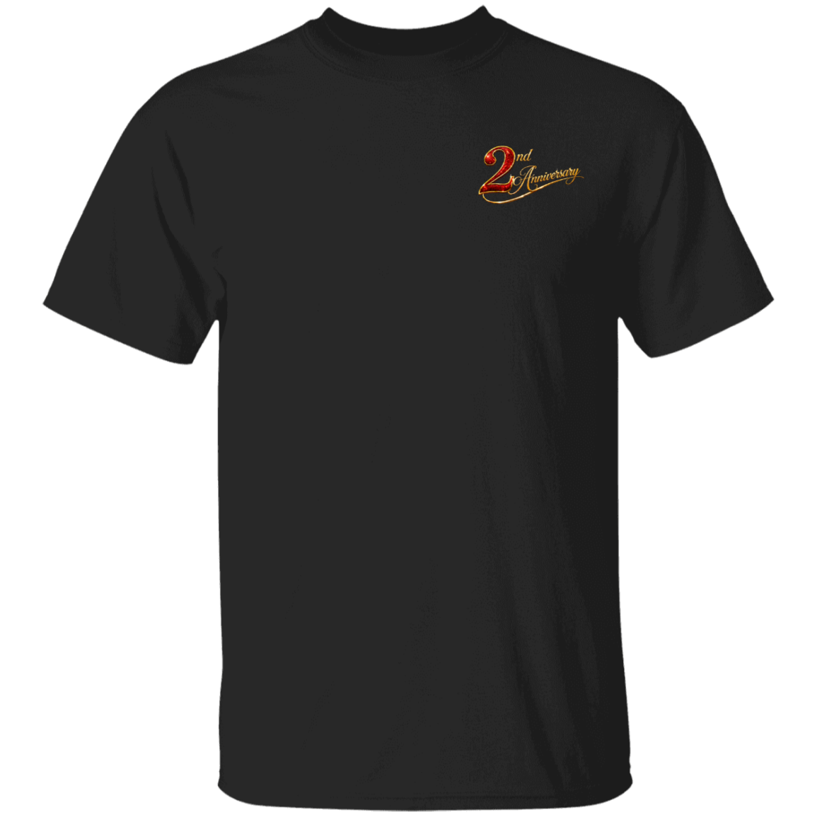 A black short-sleeve crewneck t-shirt with a small '2nd Anniversary' graphic printed on the left chest in a red and gold gradient, shown against a plain white background.