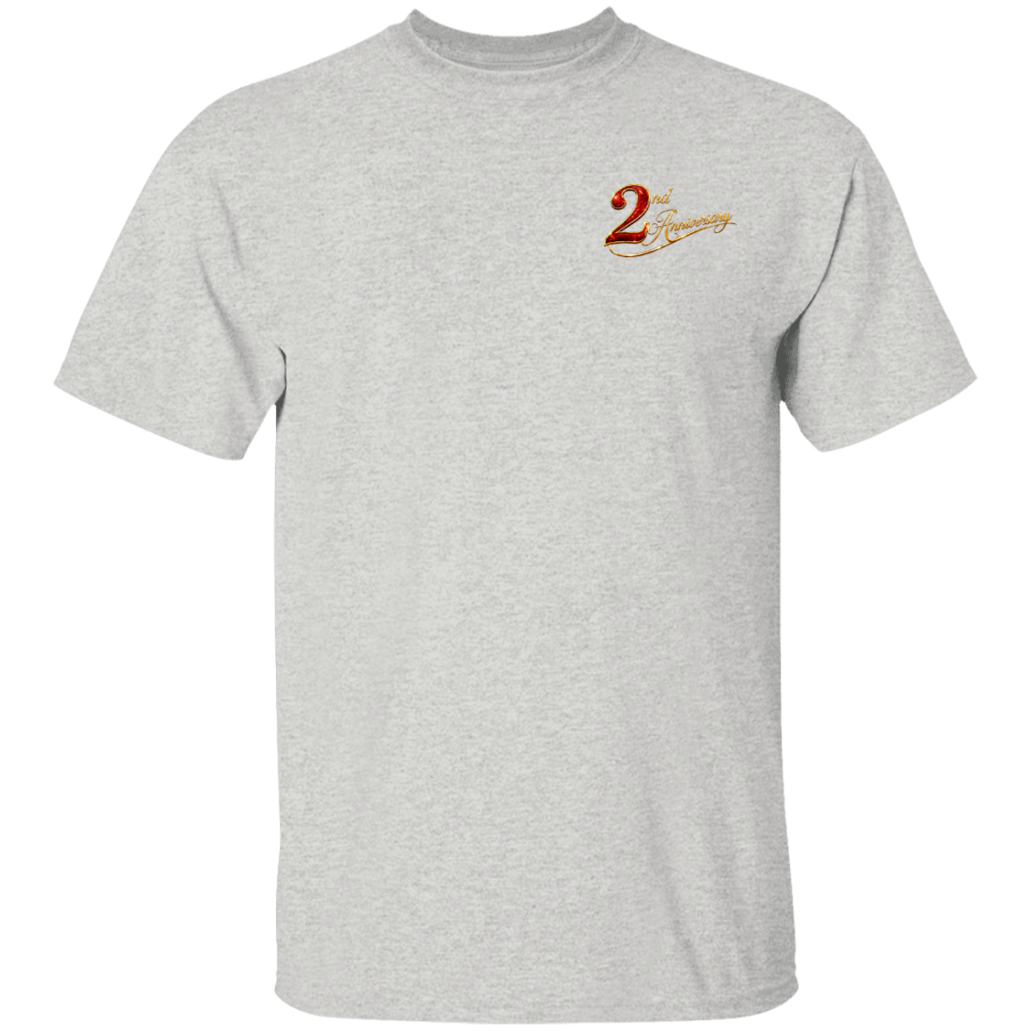 A light heather gray short-sleeve crewneck t-shirt with a small graphic on the left chest featuring a red and gold number 2 with the text '2nd Generation'.