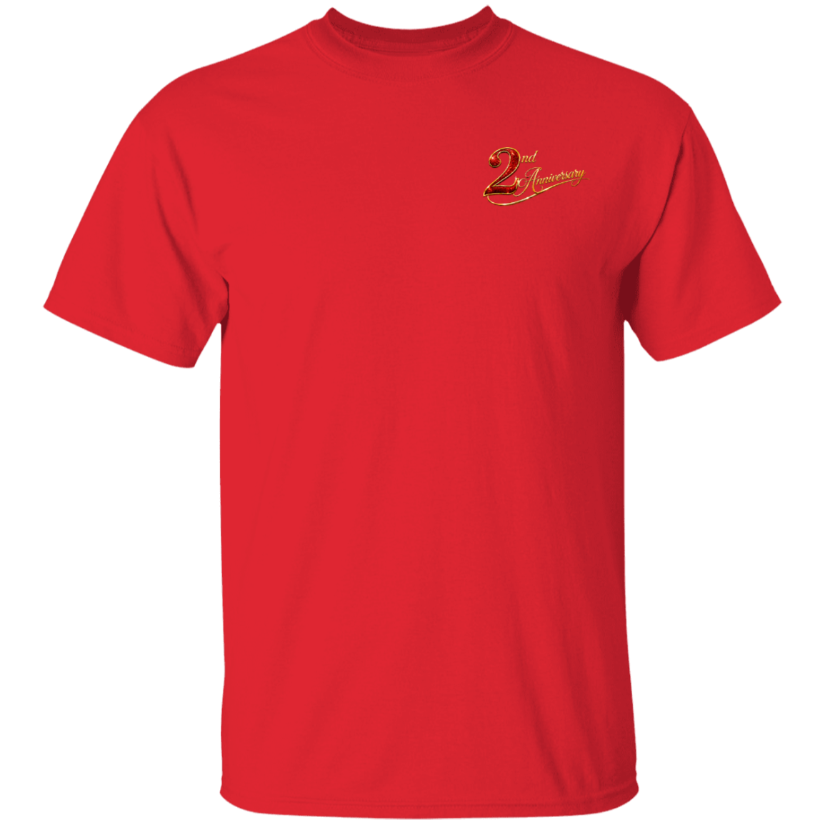 A red short-sleeve crewneck t-shirt with a small gold and red '2nd Anniversary' graphic on the left chest, displayed on a clean white background.
