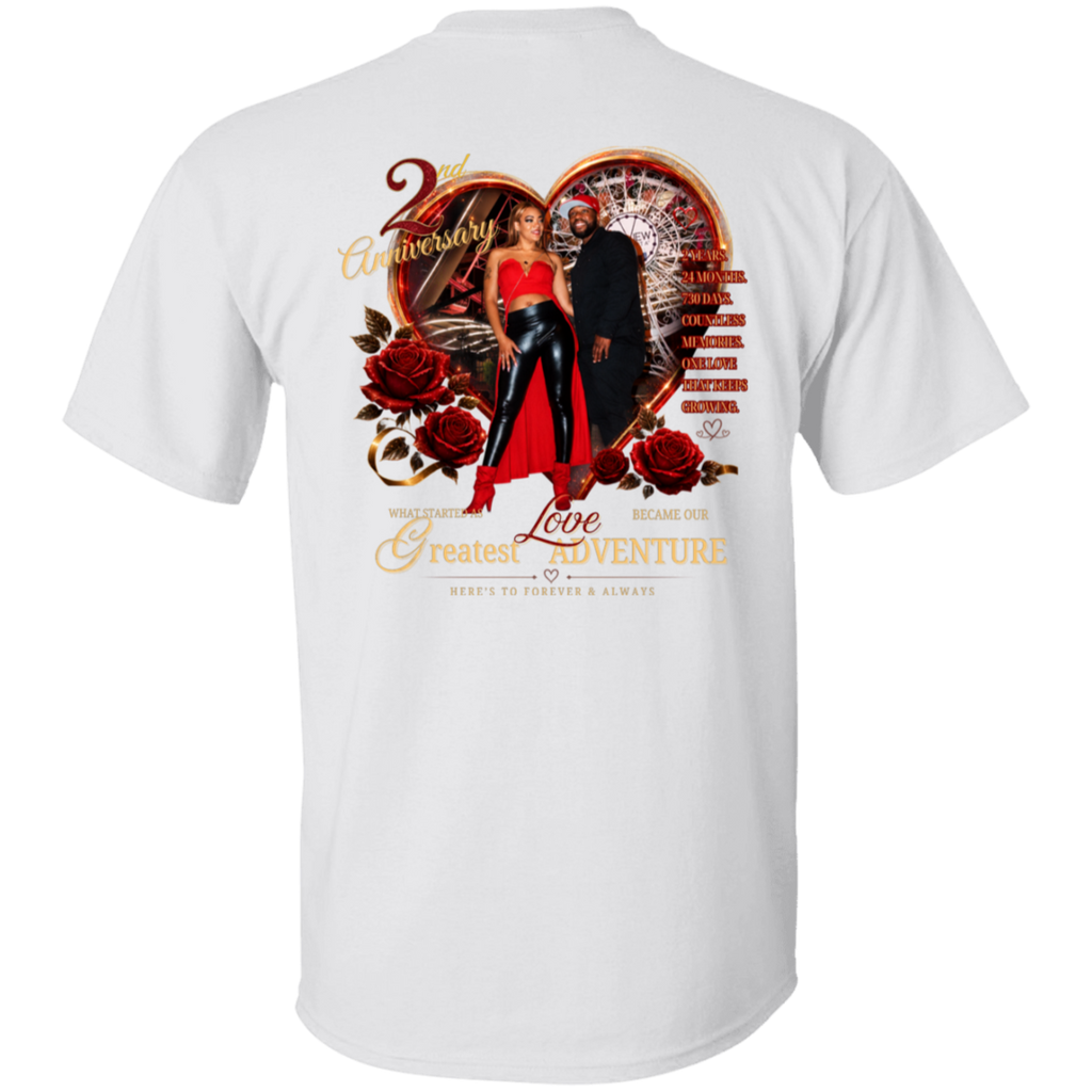 White short-sleeve t-shirt shown from the back, featuring a large graphic print with a couple, red roses, a heart, and gold text celebrating a 20th anniversary.
