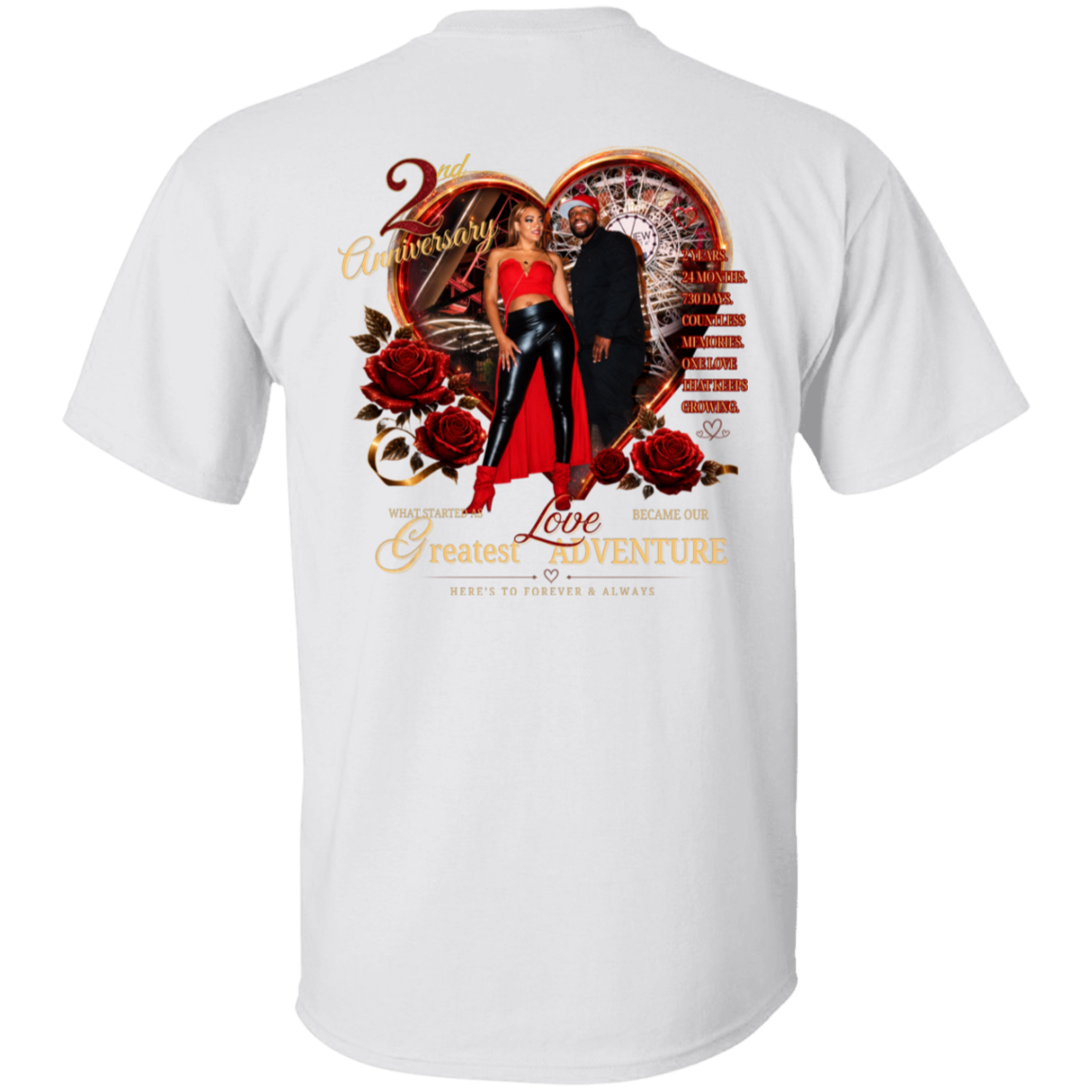 White short-sleeve t-shirt shown from the back, featuring a large graphic print with a couple, red roses, a heart, and gold text celebrating a 20th anniversary.