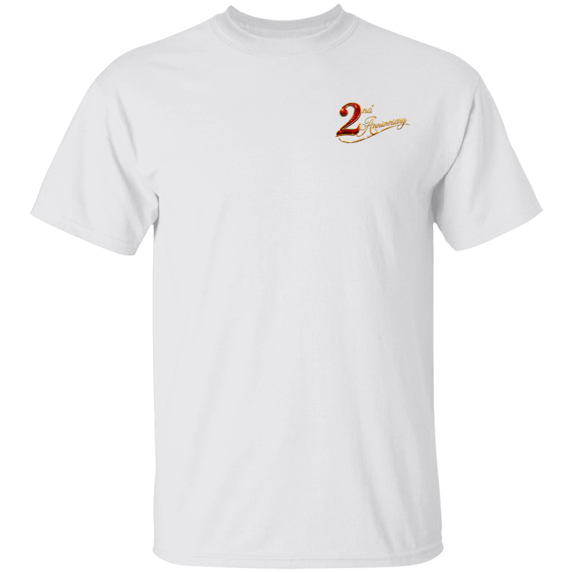 A white short-sleeve crewneck t-shirt with a small graphic on the left chest reading '2nd Anniversary' in red and gold script.