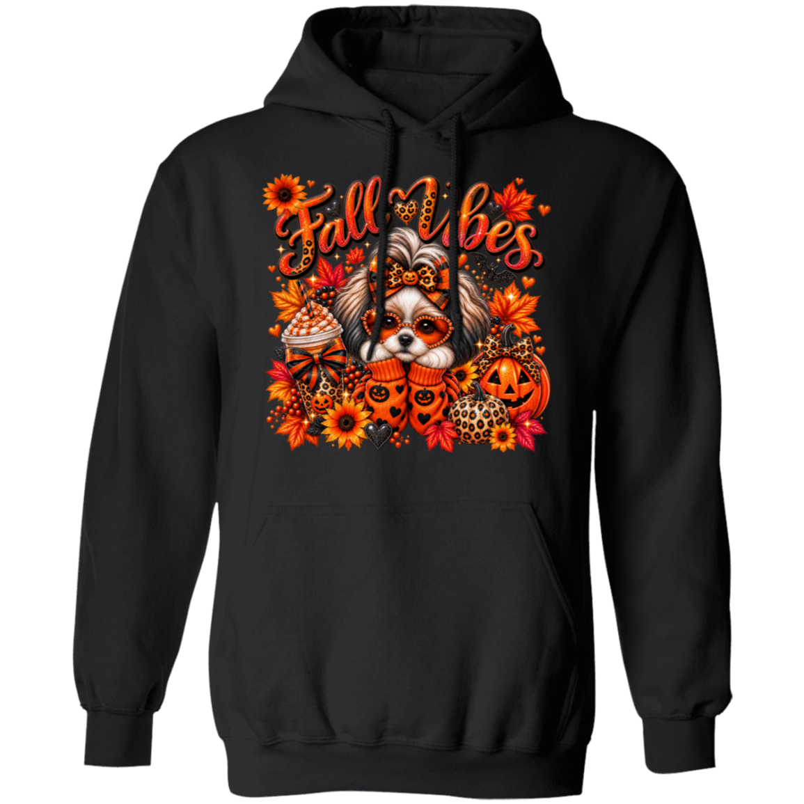 A black pullover hoodie featuring a colorful graphic print of a small dog surrounded by autumn leaves, pumpkins, sunflowers, and the text 'Fall Vibes' in orange and yellow.