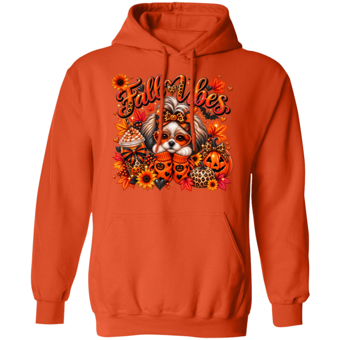 An orange pullover hoodie featuring a colorful graphic of a small dog surrounded by autumn leaves, pumpkins, and the text 'Fall Vibes' in a stylized font.
