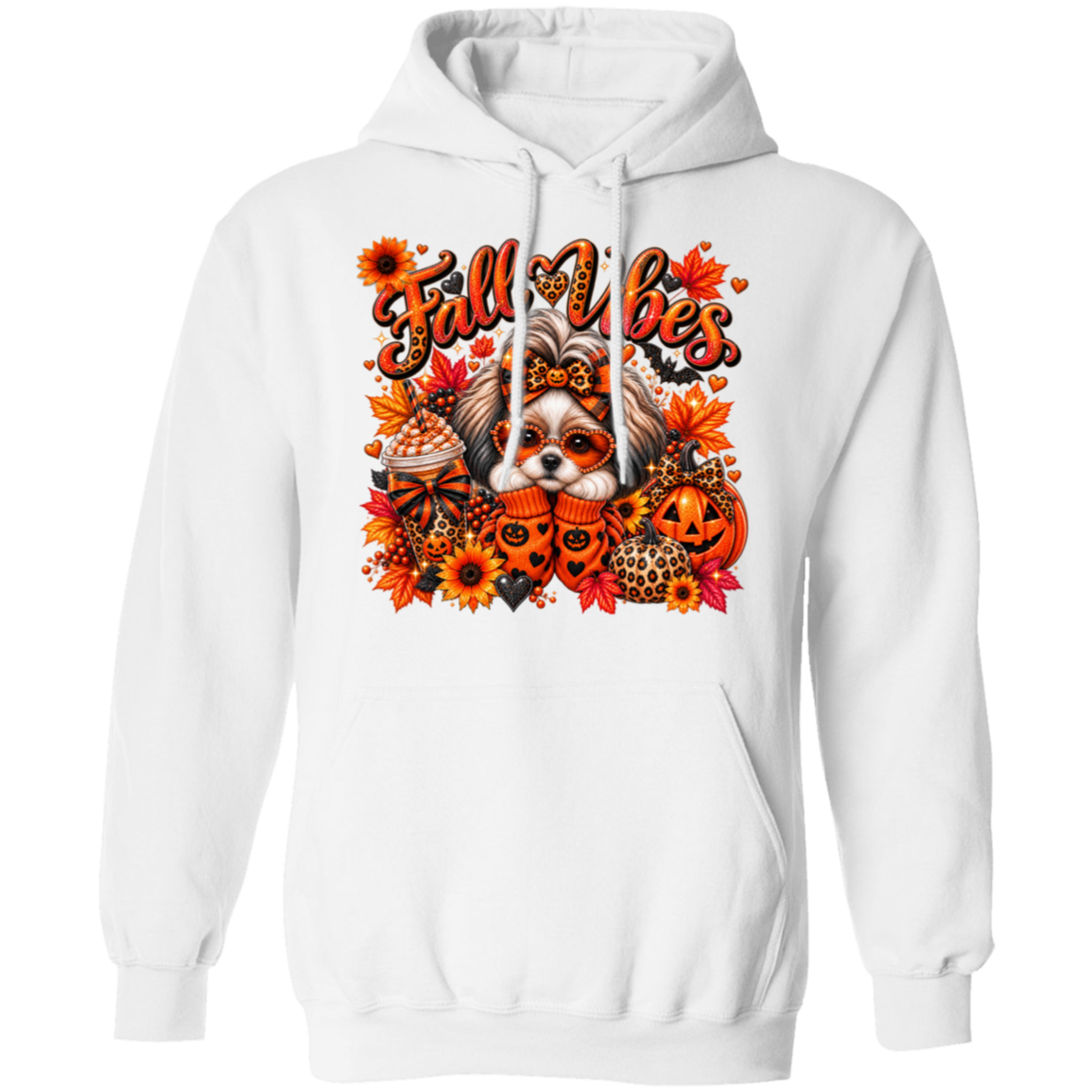 A white pullover hoodie with a colorful graphic on the chest featuring the text 'Fall Vibes' above a dog surrounded by autumn leaves, pumpkins, and sunflowers.