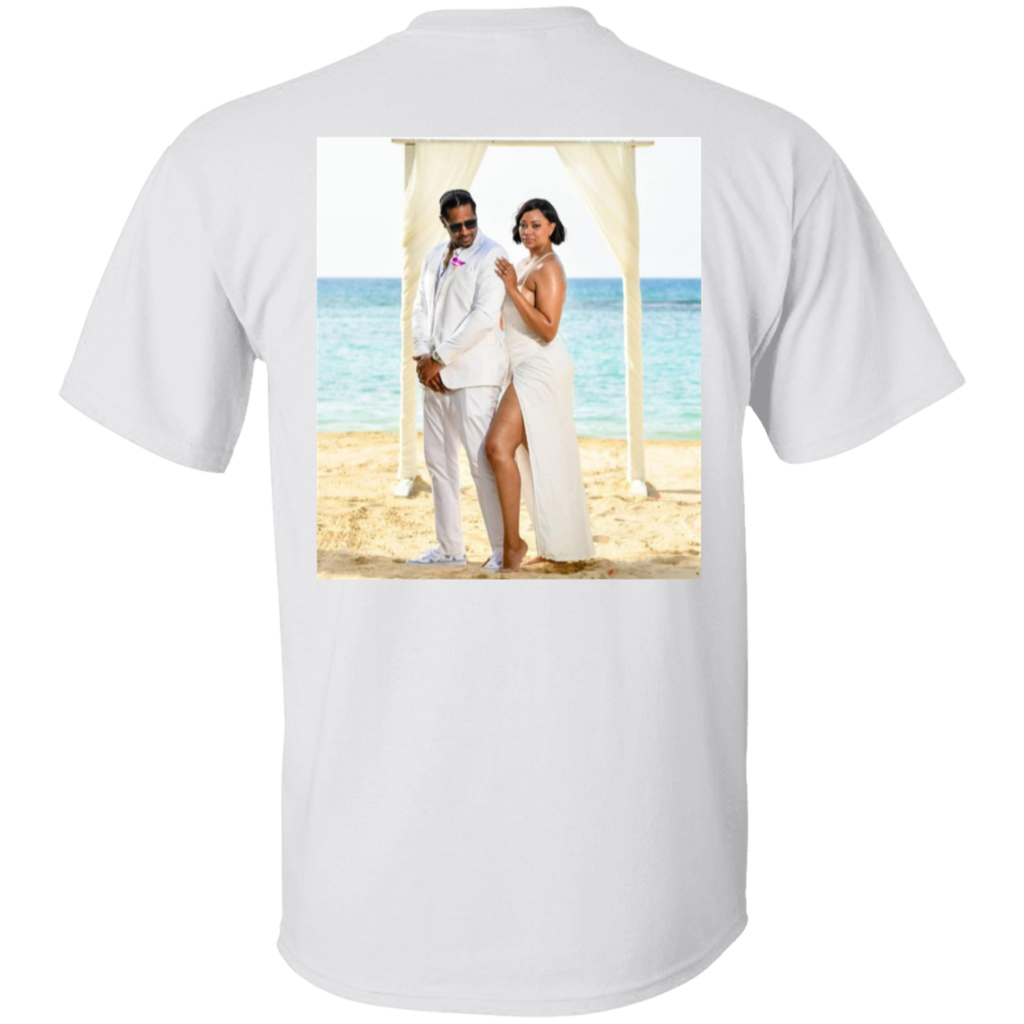 Custom wedding photo on the back of a white T shirt