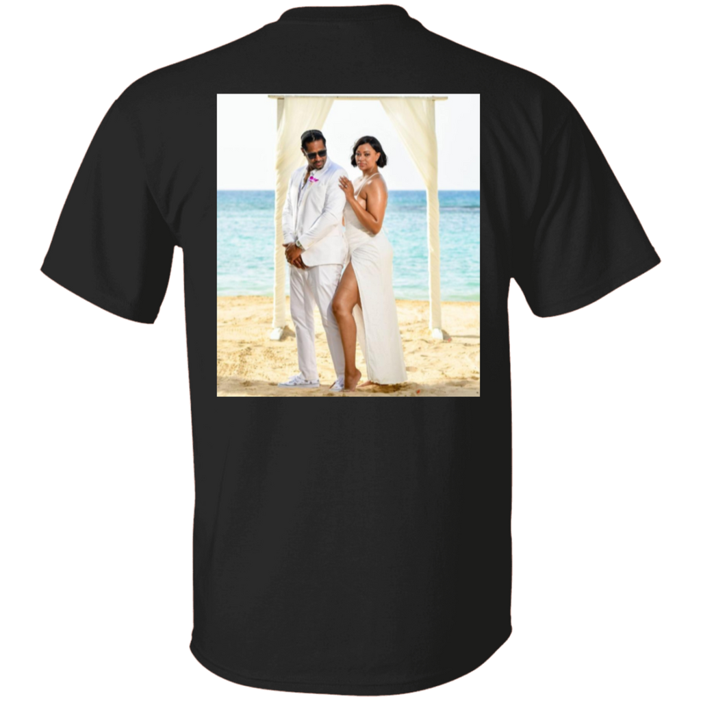 Custom wedding photo on back of a black t shirt