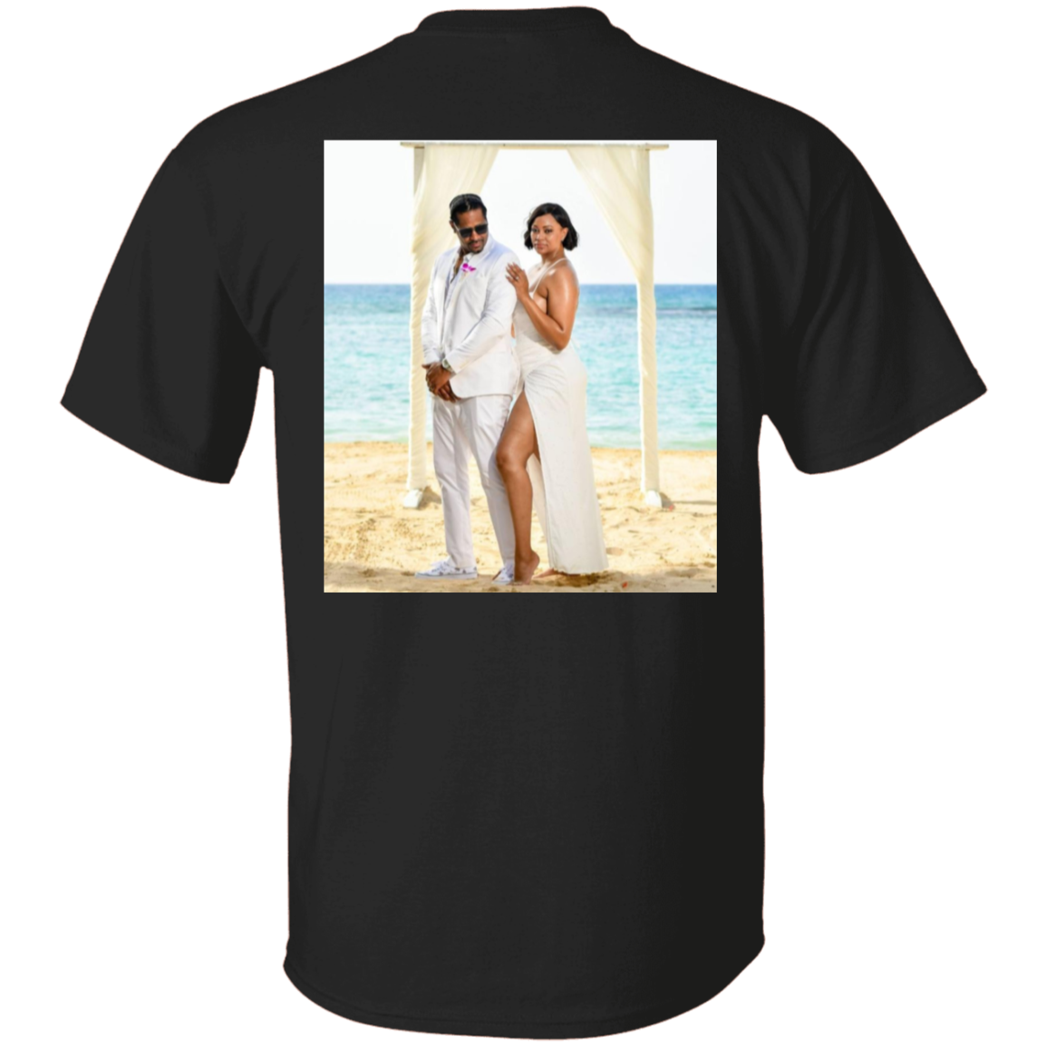 Custom wedding photo on back of a black t shirt