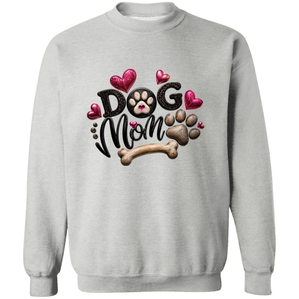 light grey sweater with a text DOG MOM with hearts, paw prints and a dog bone.