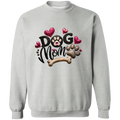 light grey sweater with a text DOG MOM with hearts, paw prints and a dog bone.