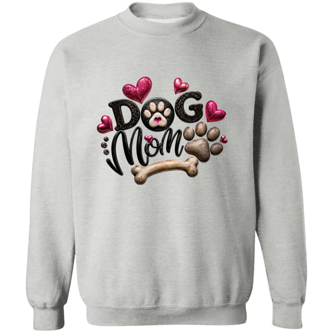 light grey sweater with a text DOG MOM with hearts, paw prints and a dog bone.