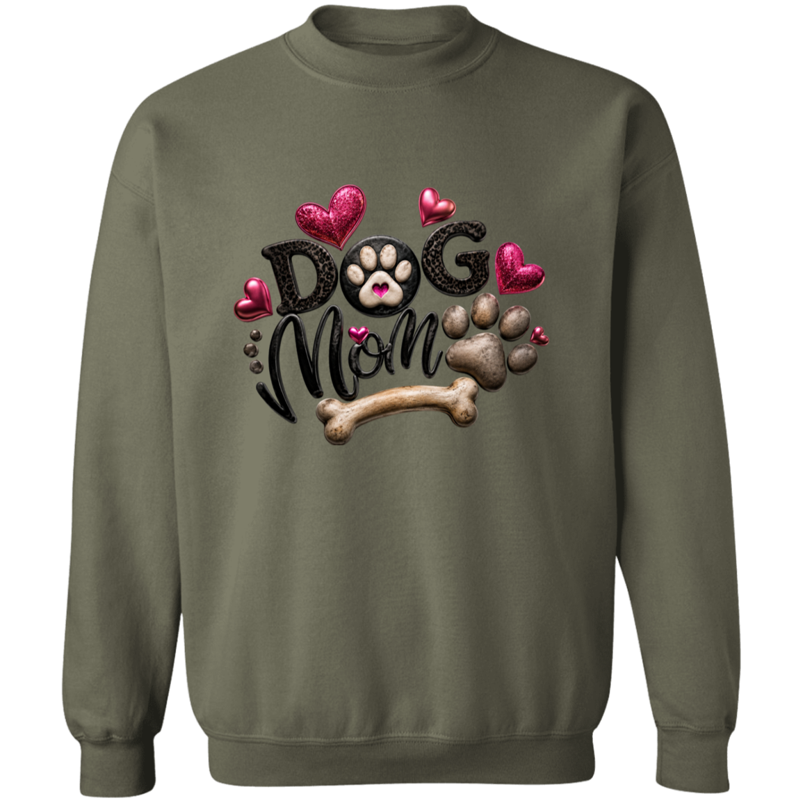 An olive green crewneck sweatshirt featuring a graphic design on the chest that reads 'DOG Mom' in black letters, decorated with pink hearts, a bone, and a paw print.