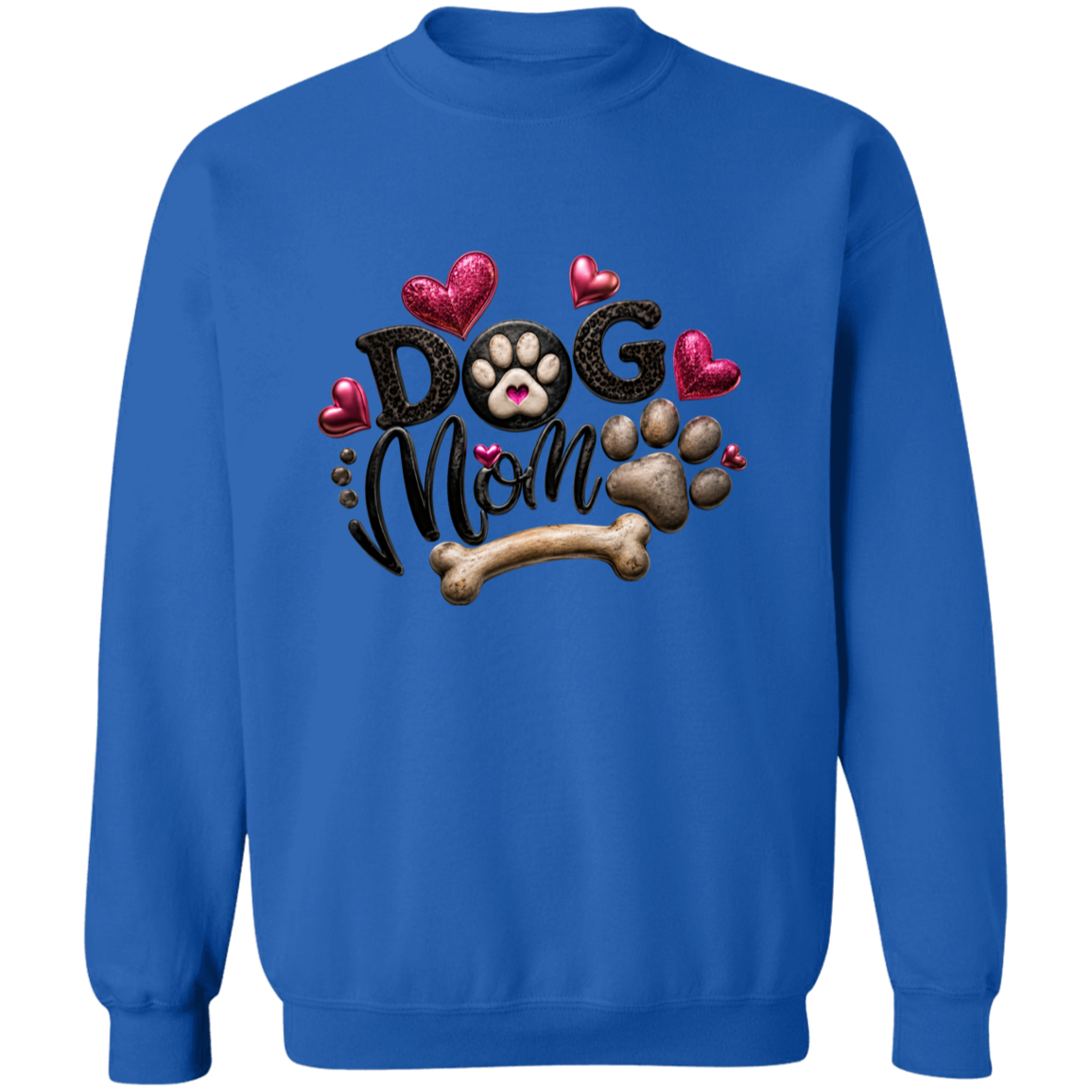  A royal blue sweater with a text DOG MOM with hearts, paw prints and a dog bone.